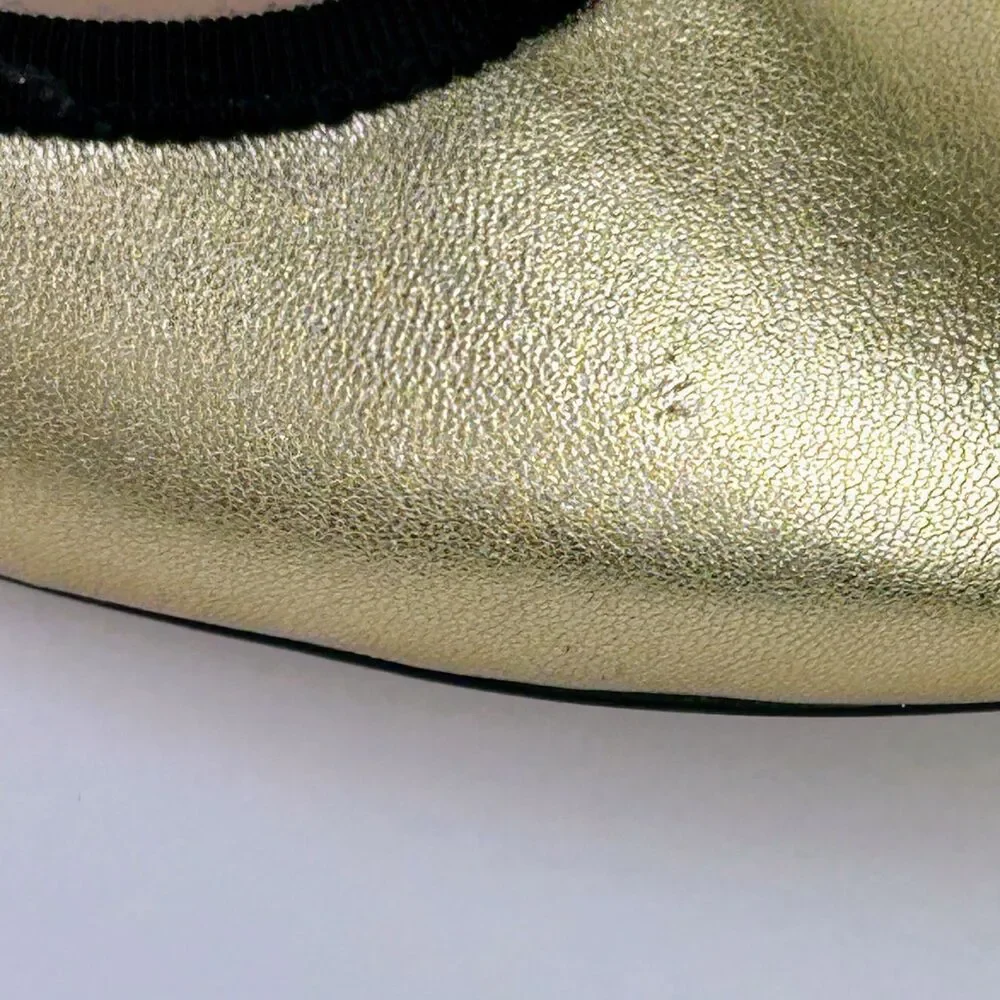 J. Crew Elvie Gold Metallic Ballet Flats Leather Almond Toe Shoes Black Trim 7.5